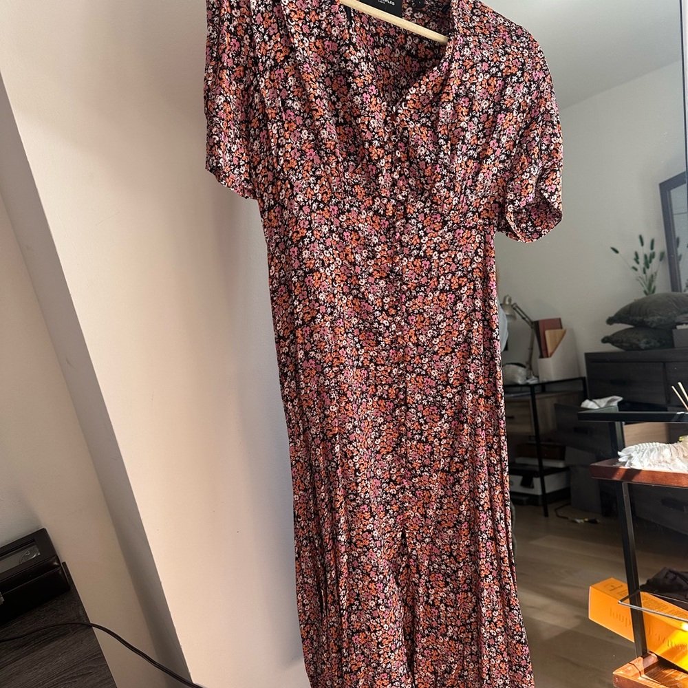 The Kooples Red and Pink Wrap Midi Dress V-Neck Flutter Sleeves